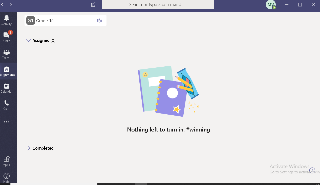 Microsoft TEAMS page showing the assignment tab clicked. There are two notebooks and pencil case in the middle of the screen.